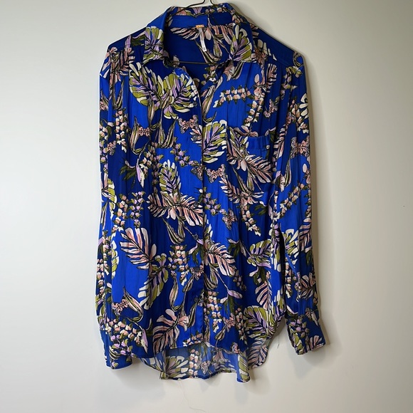 Free People Under the Palms Blue Hawaiian Boho Satin Button Down blouse - Picture 4 of 10